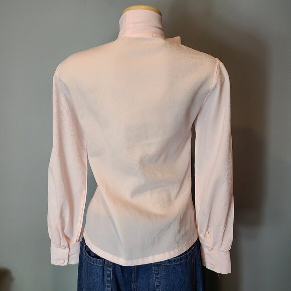 Vintage 70s Pink Bow-Tie Career Blouse Top Sz Small Valentine Coquette Retro - Picture 7 of 8